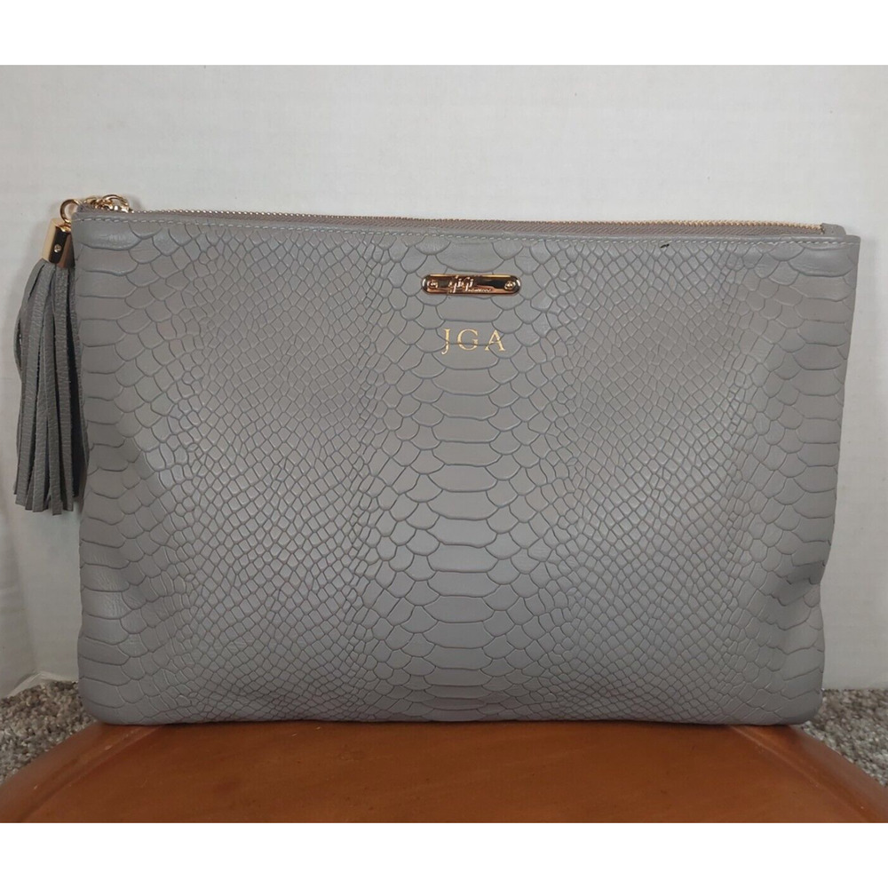 GiGi New York Large Uber Clutch Lt Gray Python Embossed Leather Gold Tassel NWOT